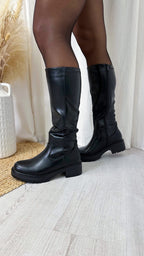 Knee High PU Chunky Boots - BLACK