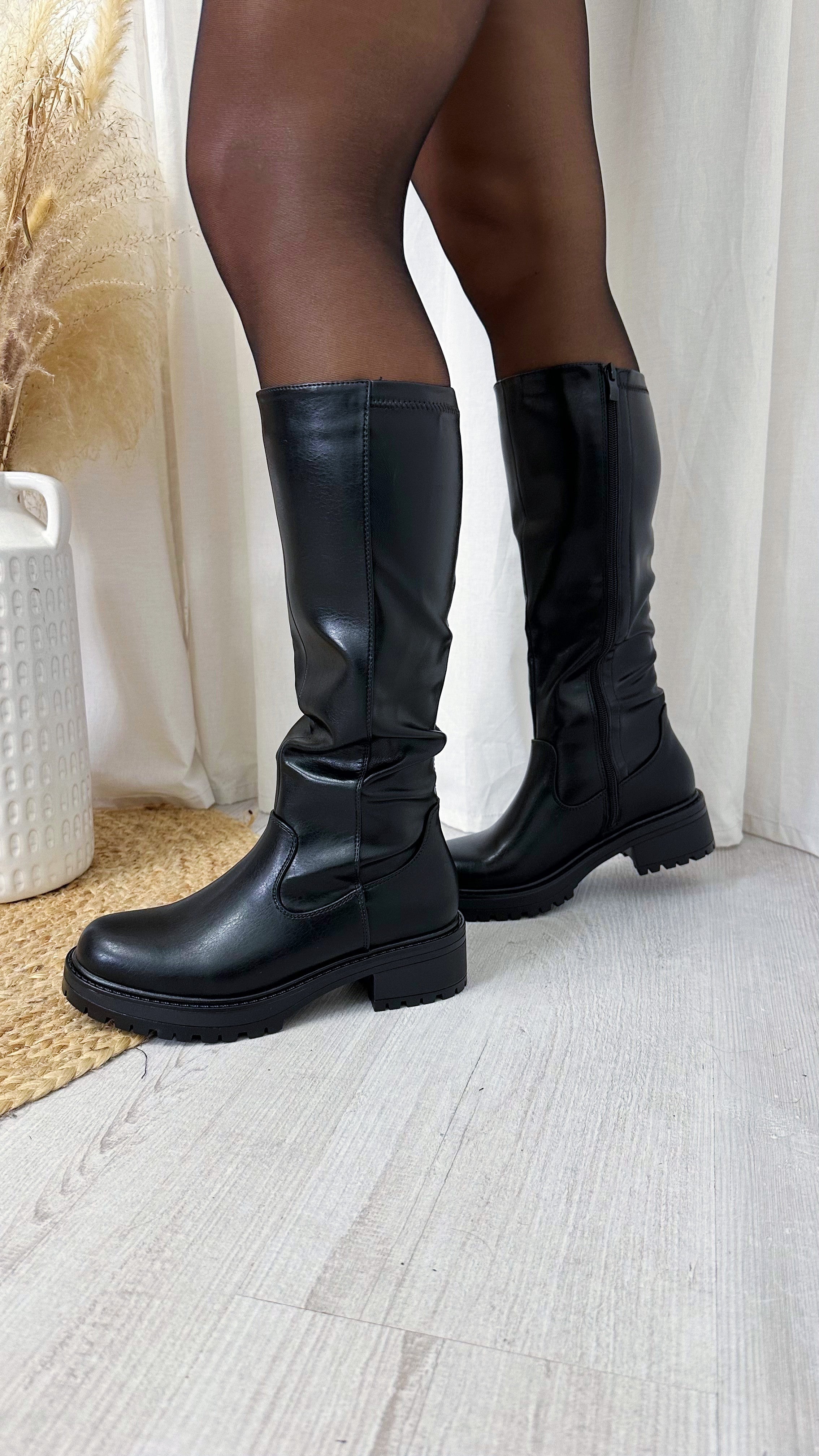 Knee High PU Chunky Boots - BLACK