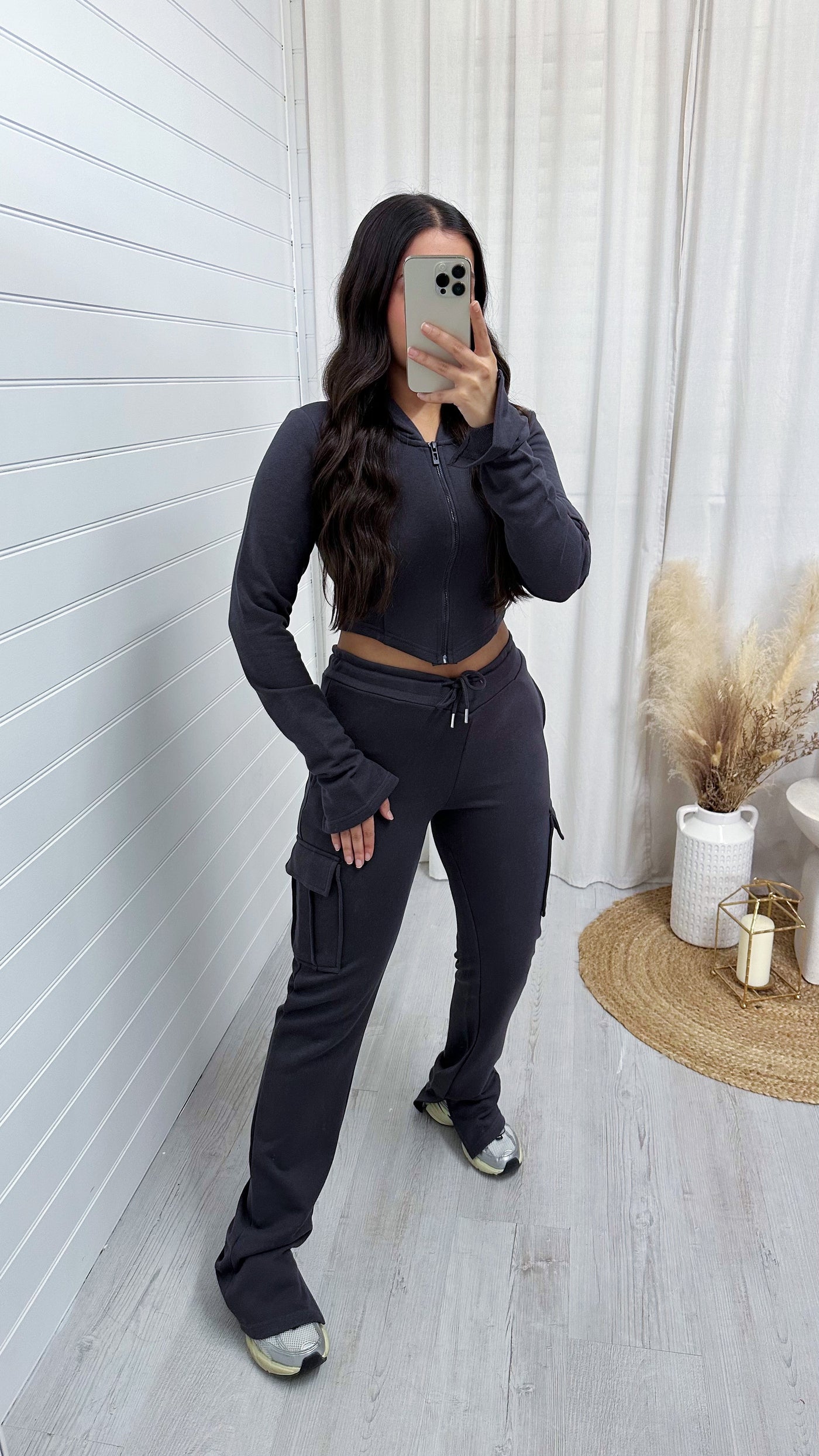 Cargo Cropped Jacket and Split Hem Joggers Tracksuit - SLATE GREY