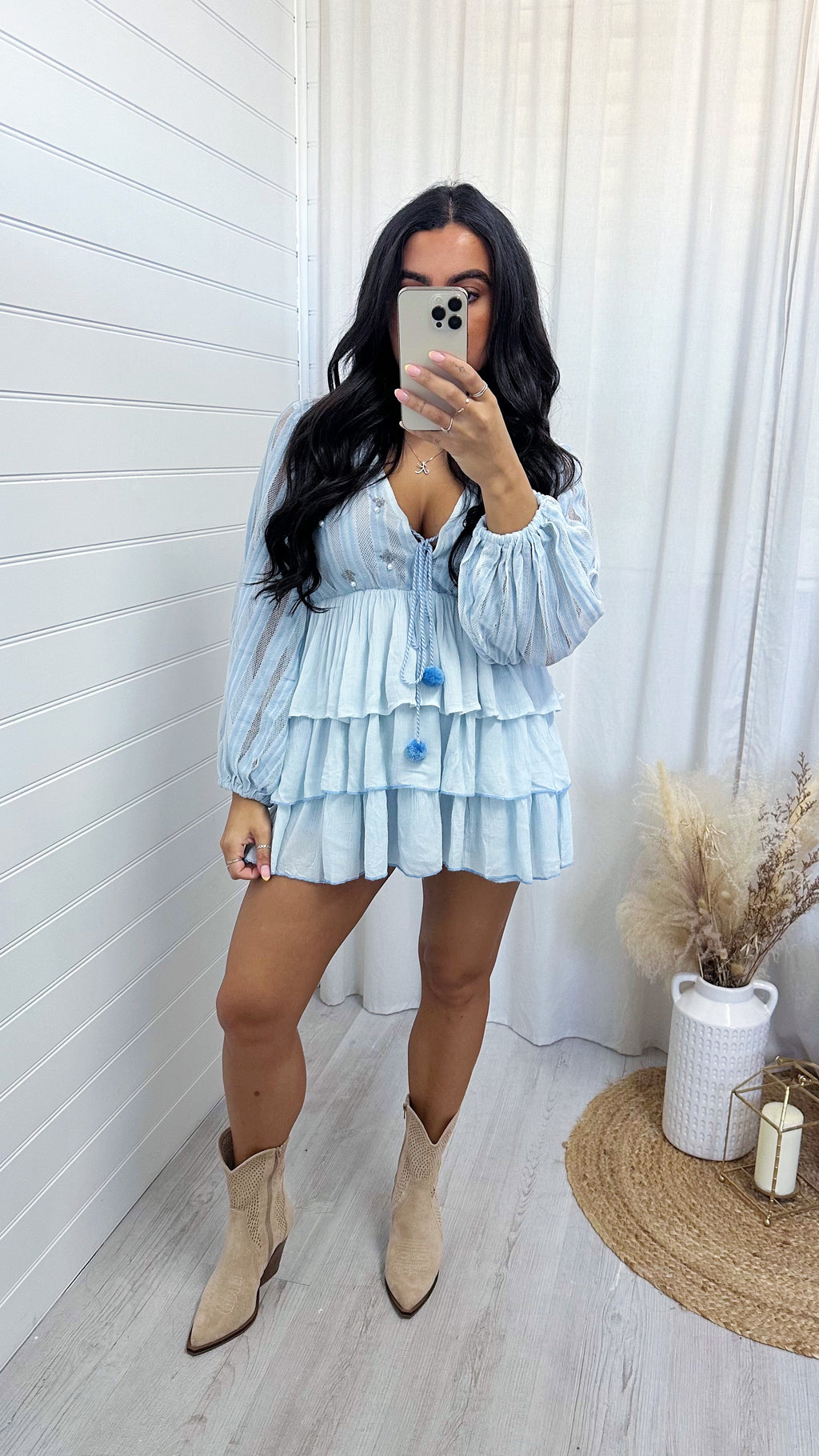 Frill Tiered Pearl Boho Top - LIGHT BLUE