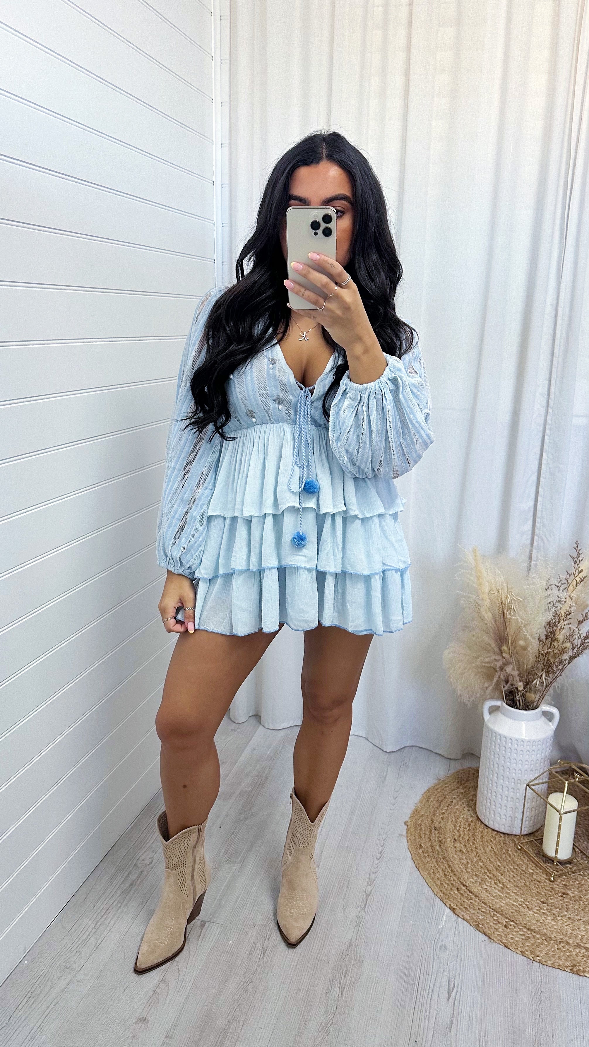 Frill Tiered Pearl Boho Top - LIGHT BLUE