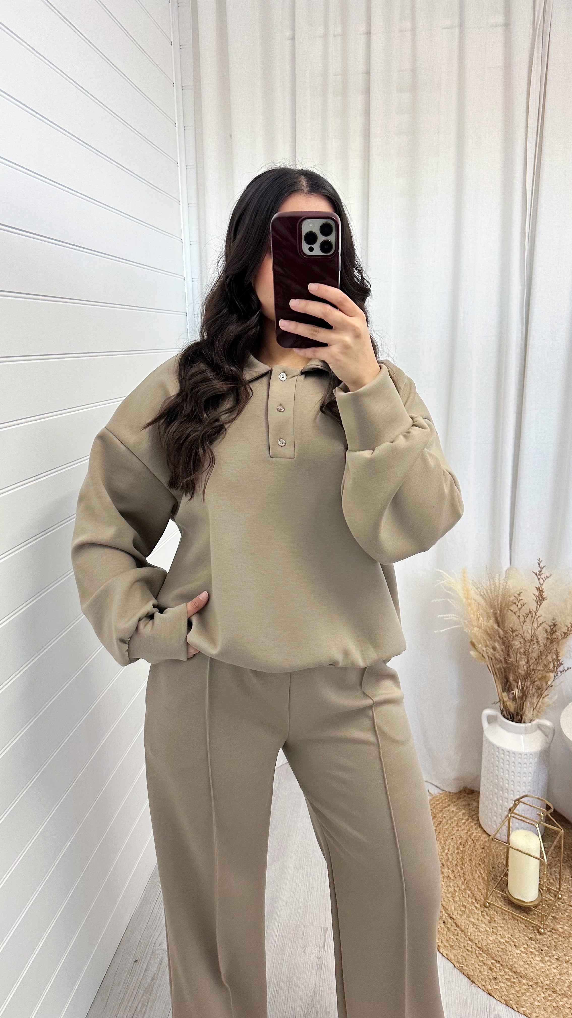 Collared Sweatshirt and Seam Front Joggers Co-Ord - BEIGE