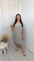 PLUS Polka Dot Twisted Knot Midi Dress - TAUPE