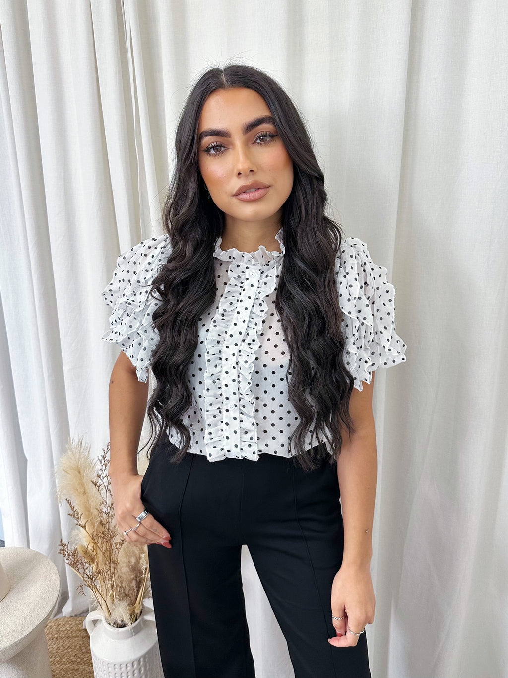 Frilly Sheer Polka Blouse - WHITE
