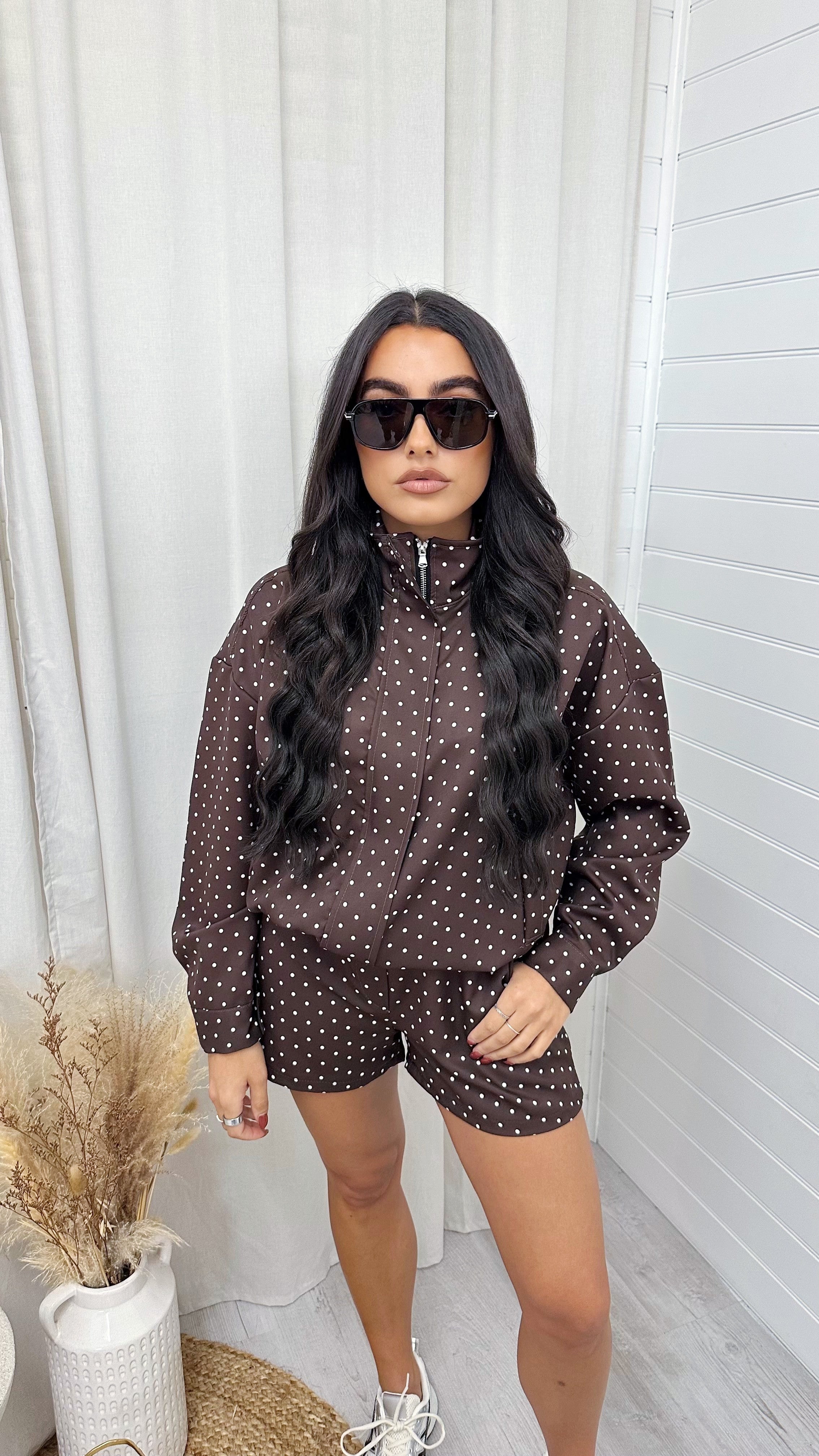 Polka Dot Bomber Jacket and Shorts Co-Ord - BROWN