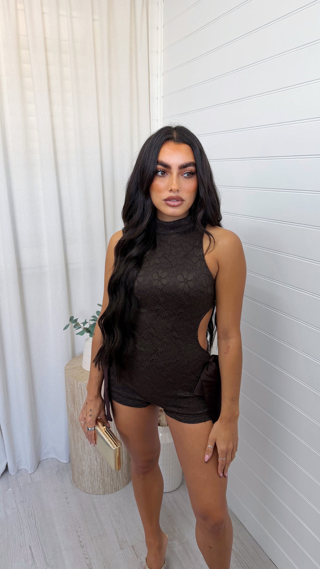 Cut Out Lace Playsuit - BROWN