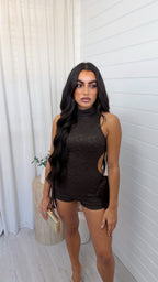 Cut Out Lace Playsuit - BROWN