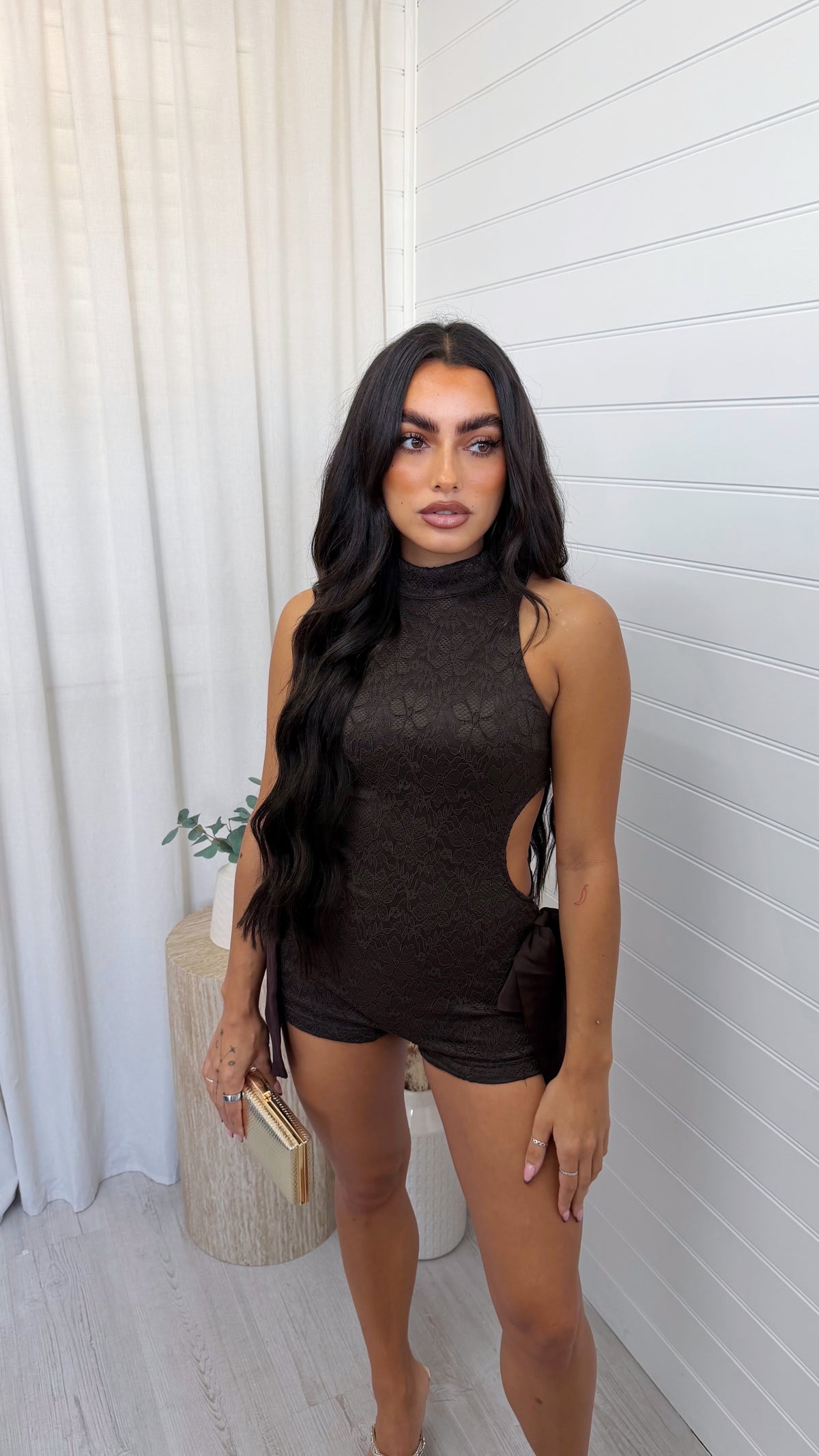 Cut Out Lace Playsuit - BROWN
