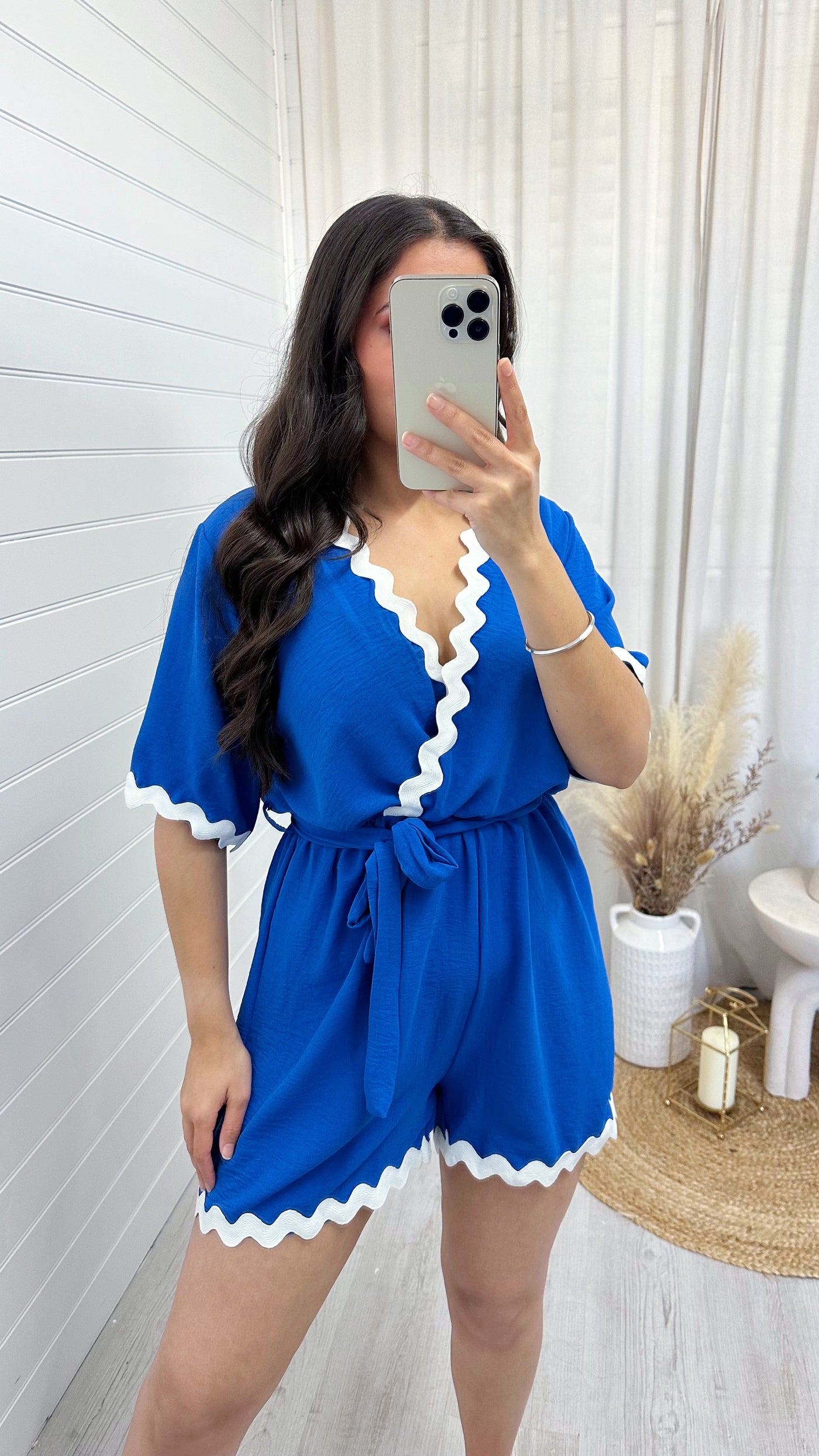 Scalloped Trim Wrap Over Playsuit - BLUE
