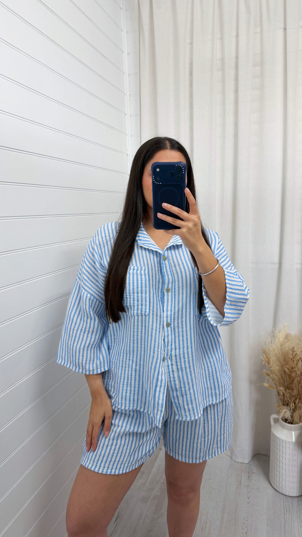Cheesecloth Pinstripe Shirt and Shorts Co-Ord - BLUE