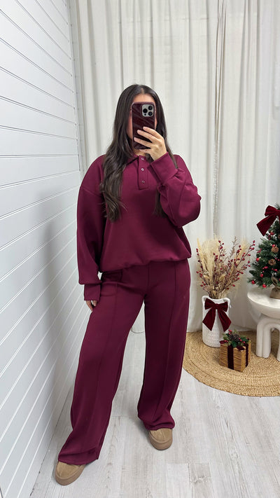 Collared Sweatshirt and Seam Front Joggers Co-Ord - WINE