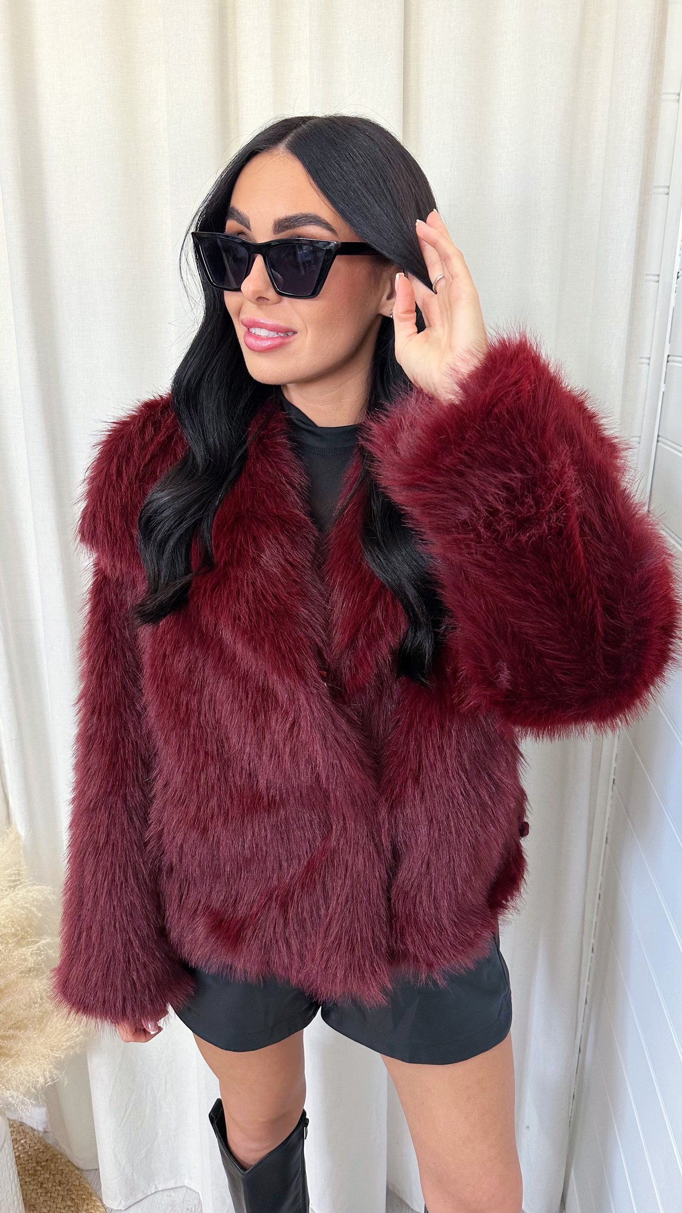 Faux Fur Short Jacket - WINE