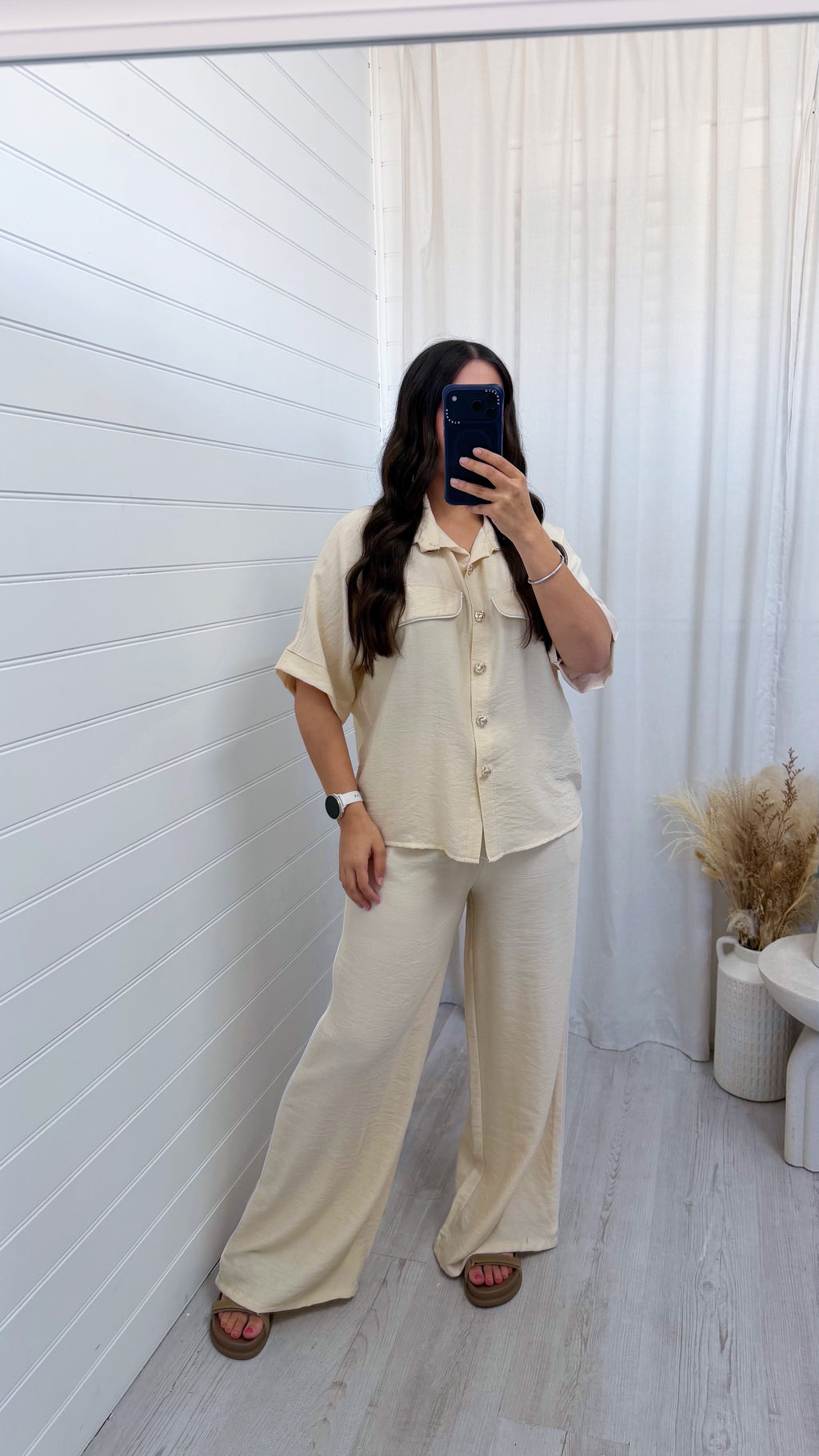 White Piped Shirt and Trousers Co-Ord - BEIGE