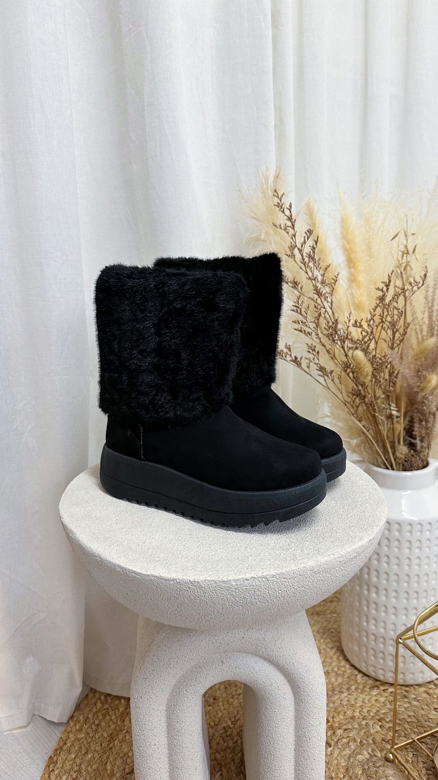 Faux Fur Calf Length Boots - BLACK