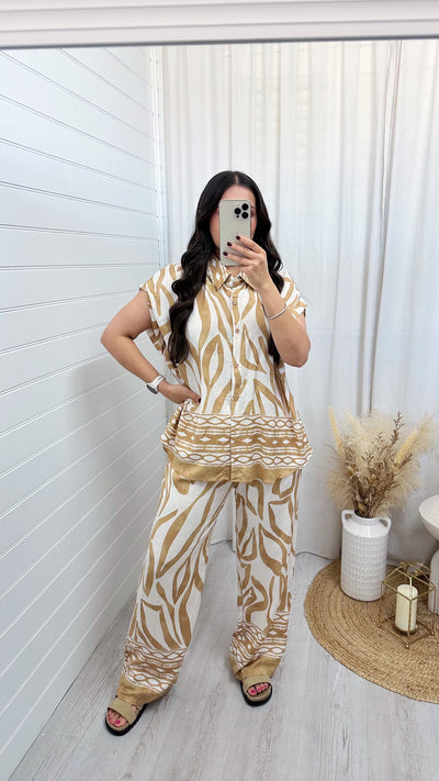 Leaf Print Shirt and Trousers Co-Ord - TAN