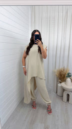 Draped Asymmetric Top and Cuff Trousers Co-Ord - BEIGE