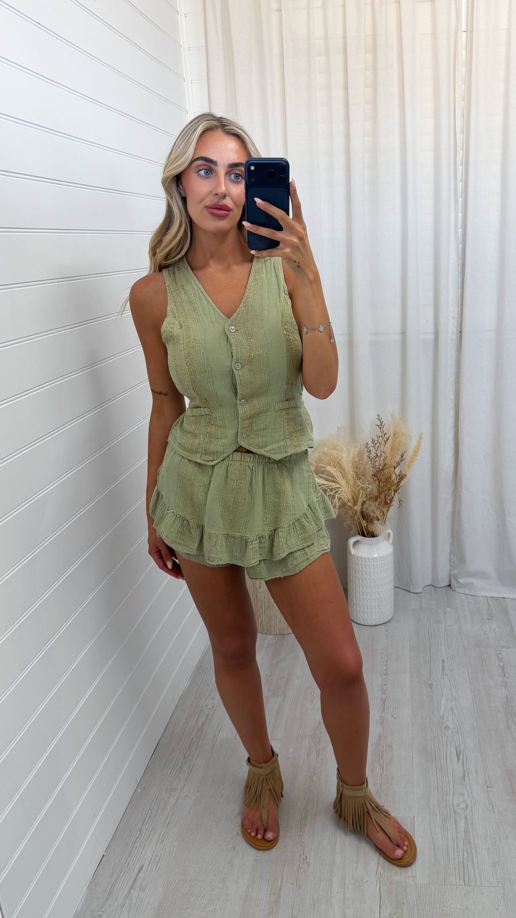 Gold Thread Linen Waistcoat and Frill Skort Co-Ord - KHAKI