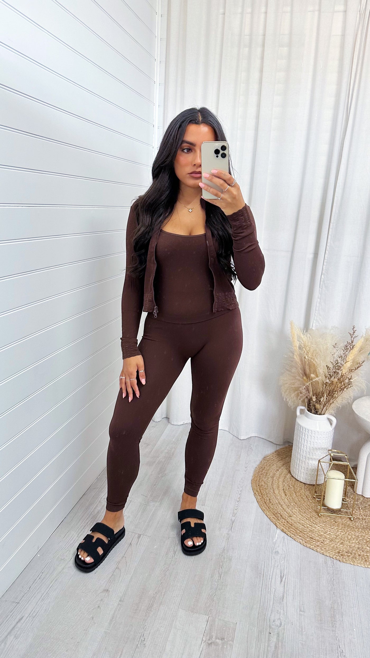 3 Piece Jacket, Crop Top and Leggings Active Set - BROWN