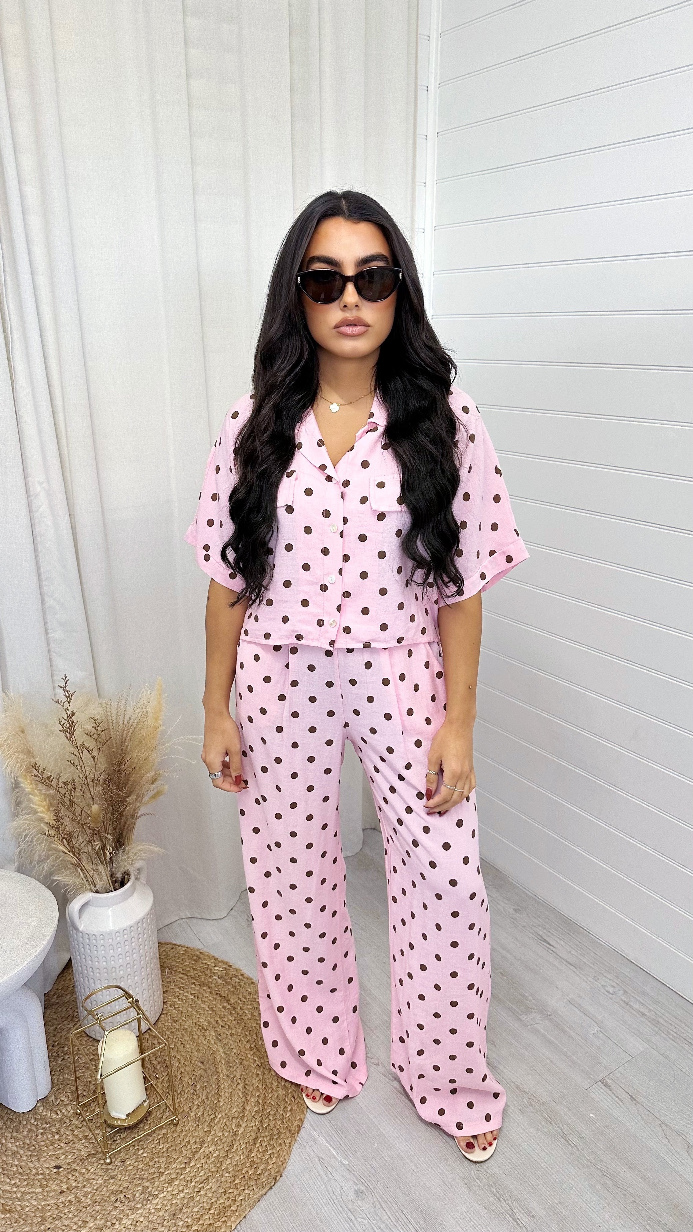 Polka Dot Cropped Shirt and Trousers Co-Ord - PINK/BROWN