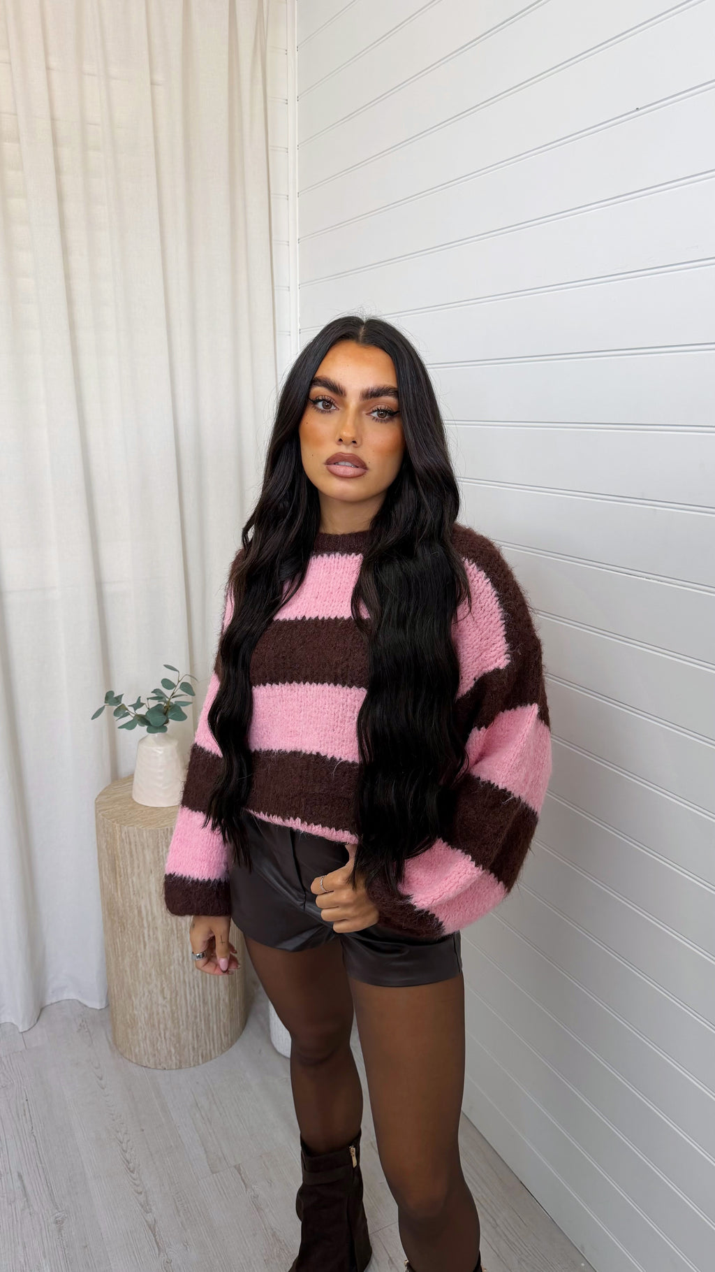 Chunky Stripe Woollen Jumper - PINK/BROWN