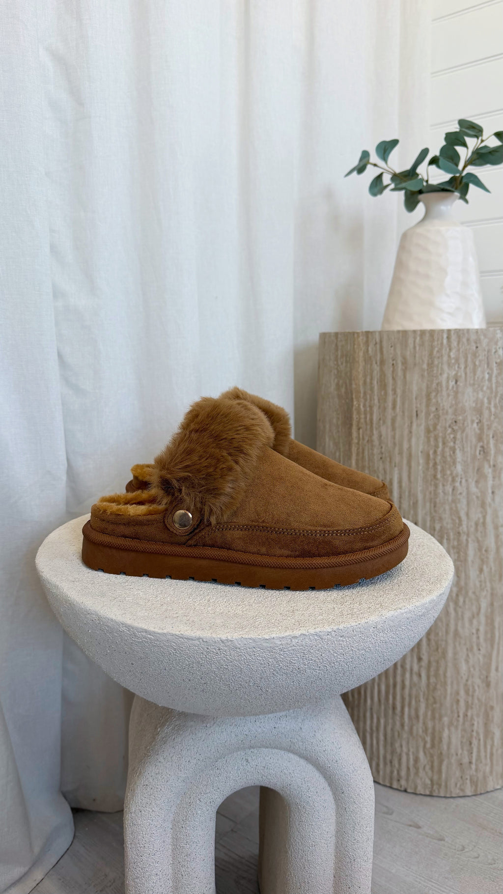 Faux Fur Strap Mule - CHESTNUT
