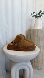 Faux Fur Strap Mule - CHESTNUT