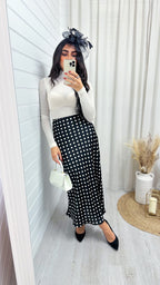 Polka Dot Satin Midi Skirt - BLACK