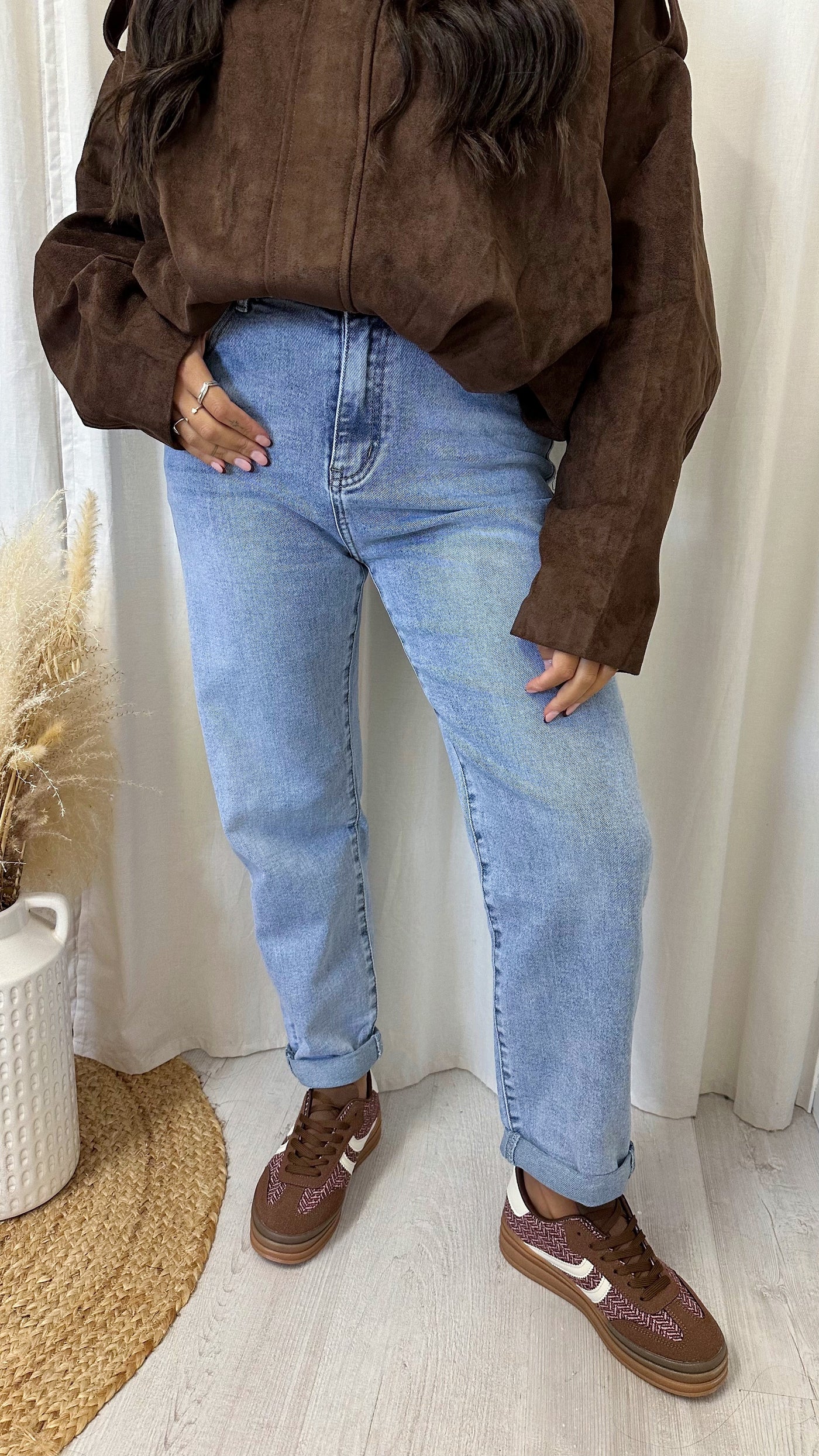 Barrel Fit Stretchy High Waisted Denim Jeans - BLUE