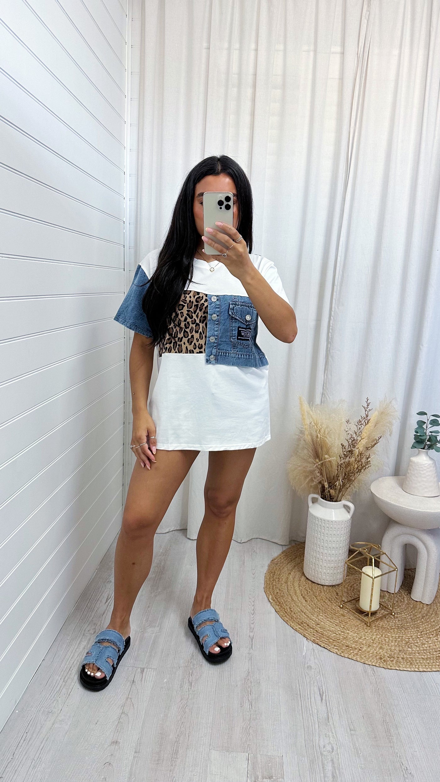 Oversized Leopard Print Denim Panel T-Shirt - WHITE