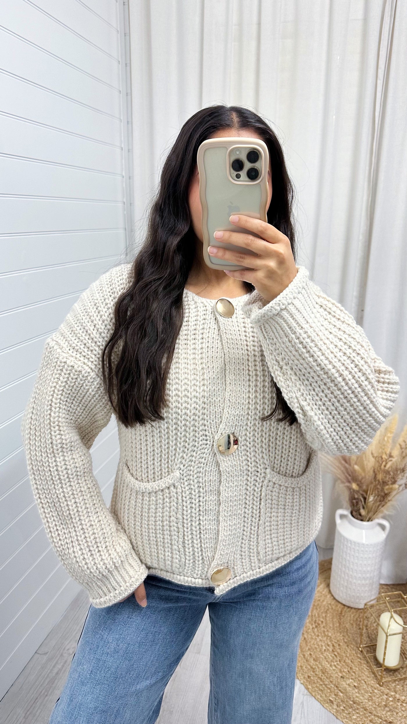 Chunky Knit Gold Button Cardigan - BEIGE