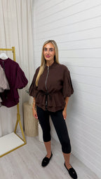 Balloon Sleeve Frill Shacket - BROWN