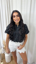 Frilly Sheer Polka Blouse - BLACK