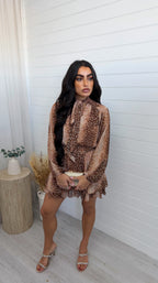 Deer Print Tie Neck Dress - BROWN