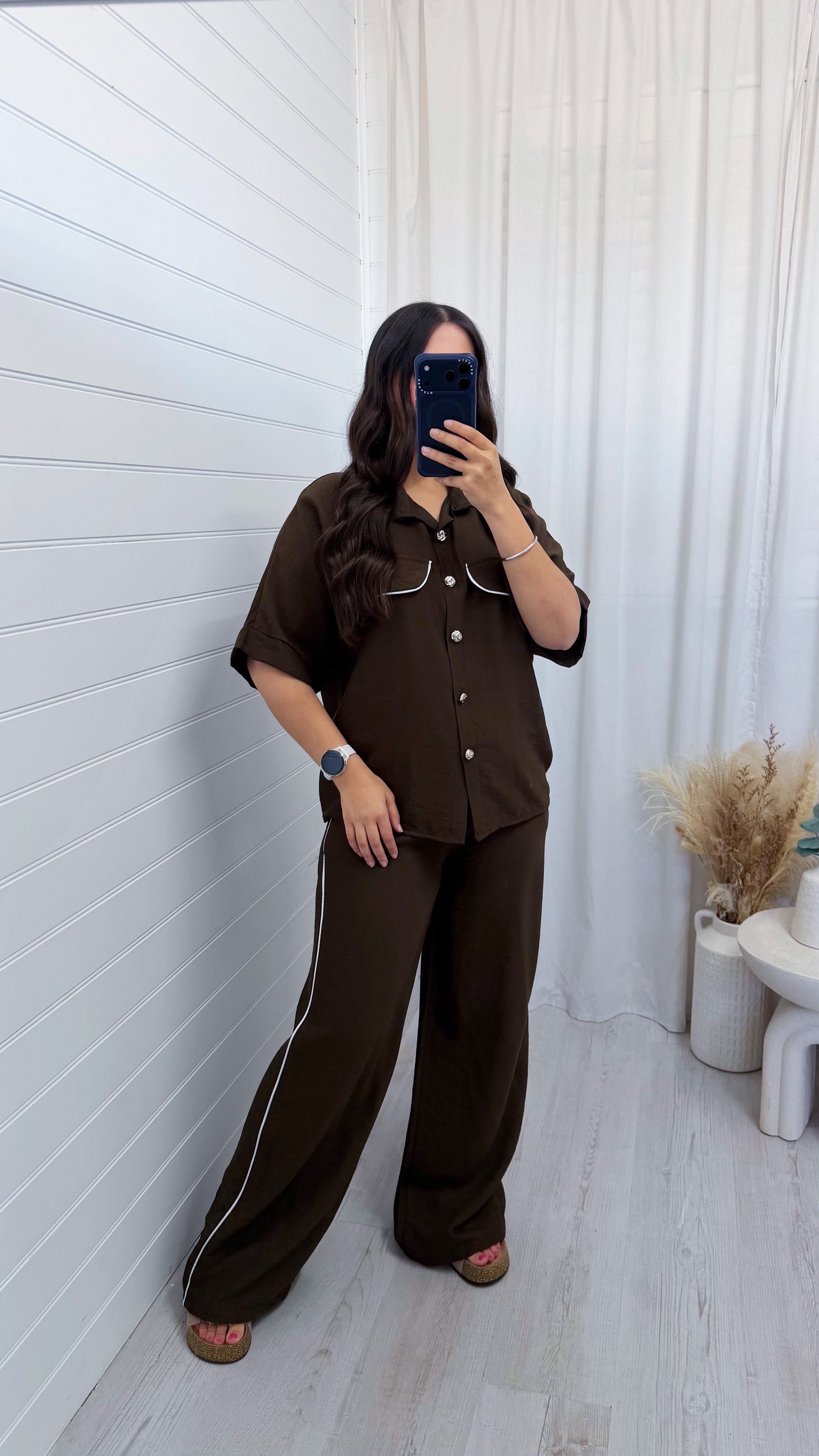 White Piped Shirt and Trousers Co-Ord - BROWN