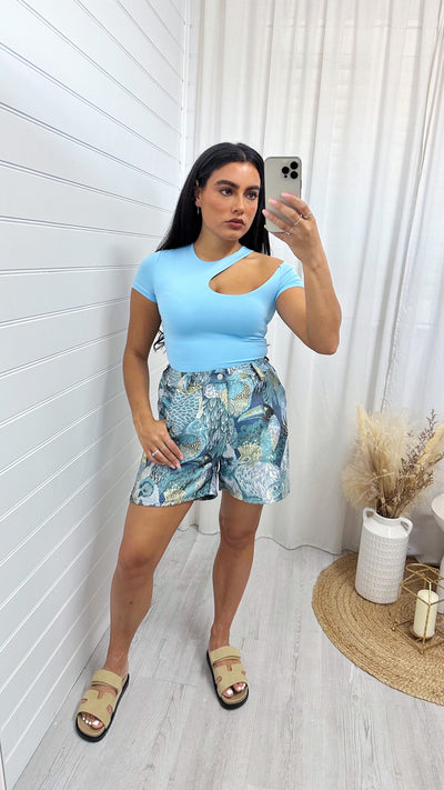 Floral Jacquard Tailored Shorts - BLUE
