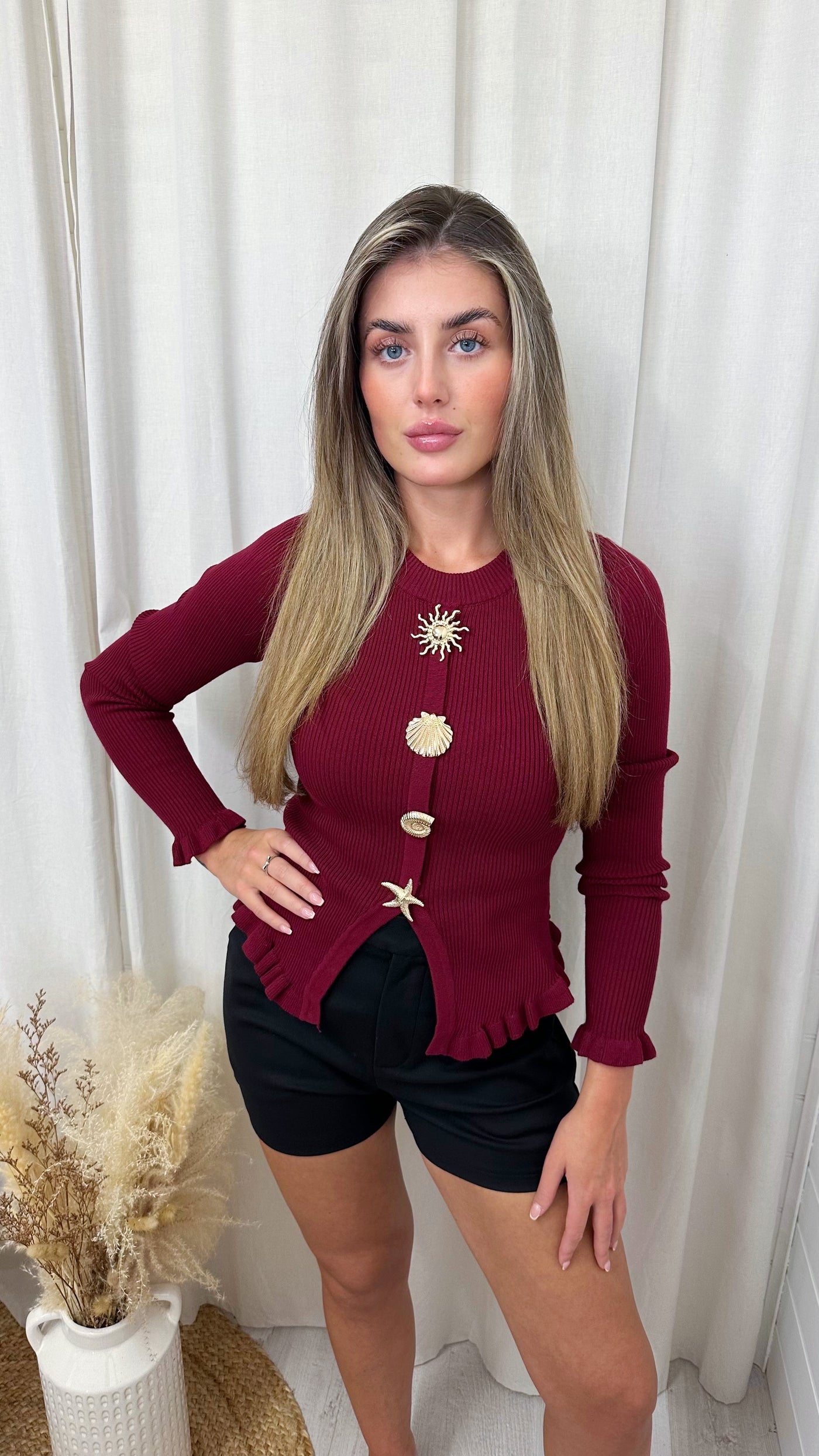 Seashell Button Long Sleeve Jumper - WINE