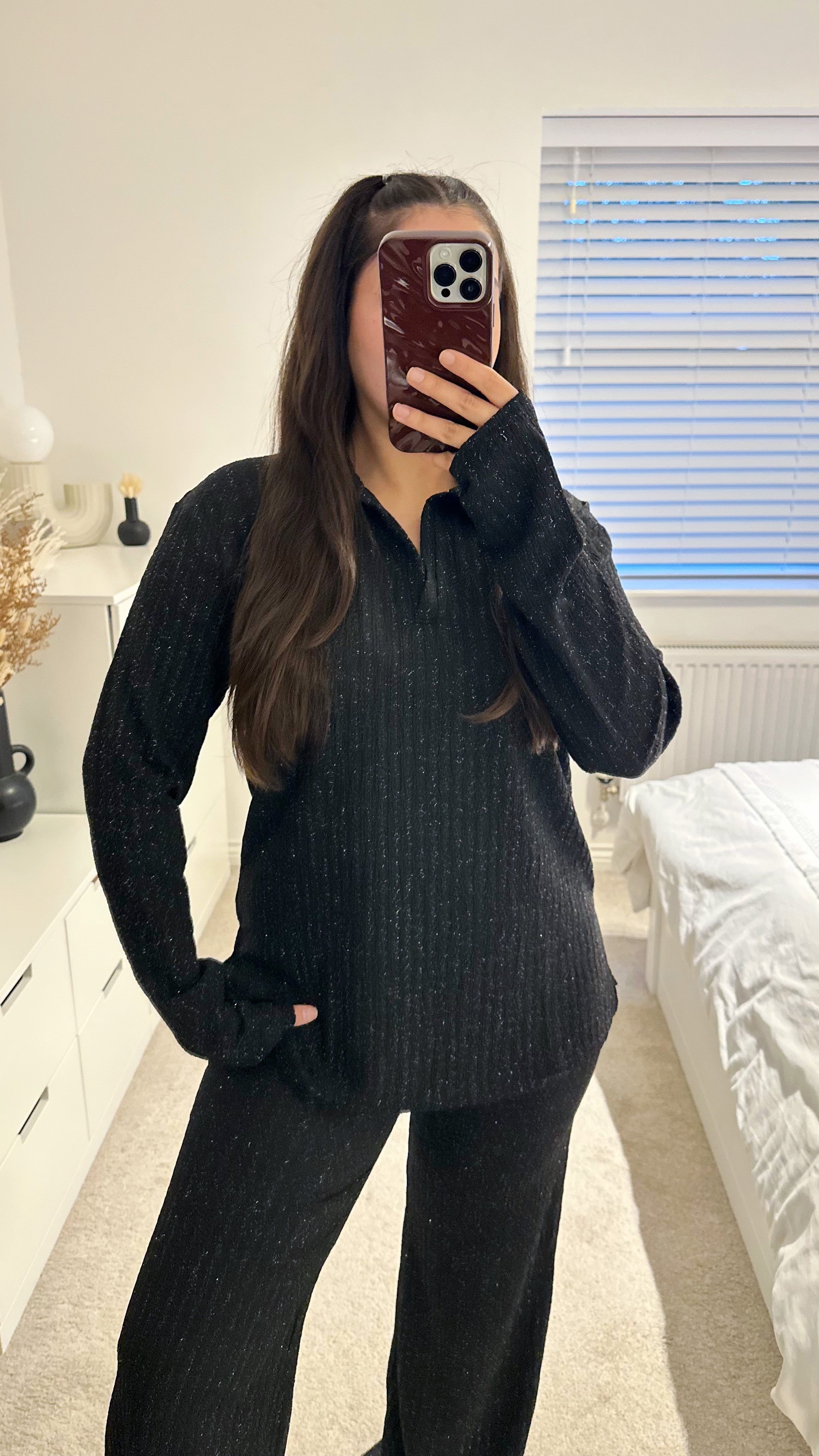 Textured Shimmer V Neck Top and Trousers Co-Ord - BLACK