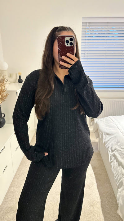 Textured Shimmer V Neck Top and Trousers Co-Ord - BLACK