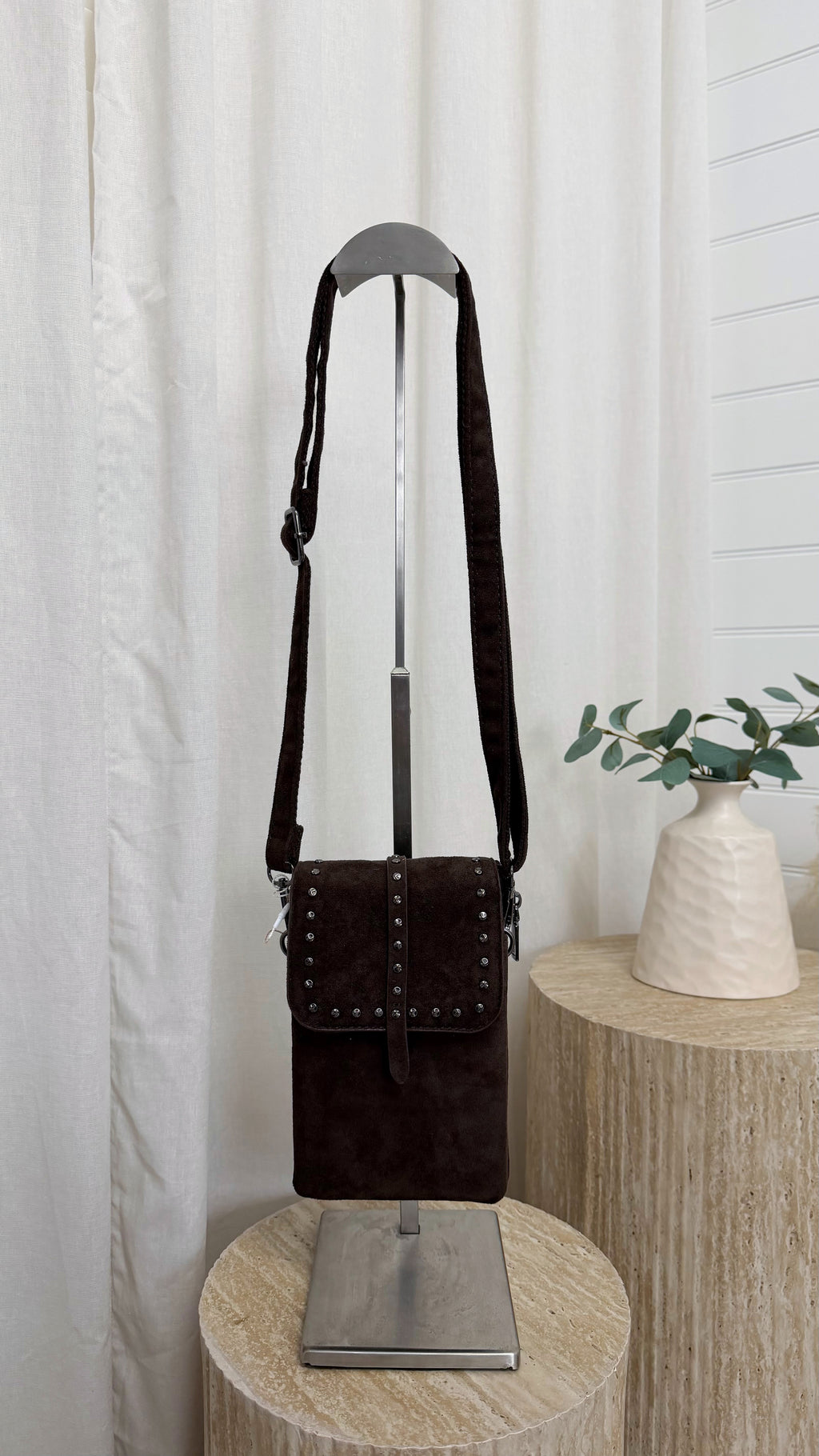 Suede Studded Mini Cross Body Bag - BROWN