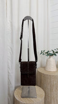 Suede Studded Mini Cross Body Bag - BROWN