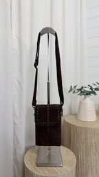 Suede Studded Mini Cross Body Bag - BROWN