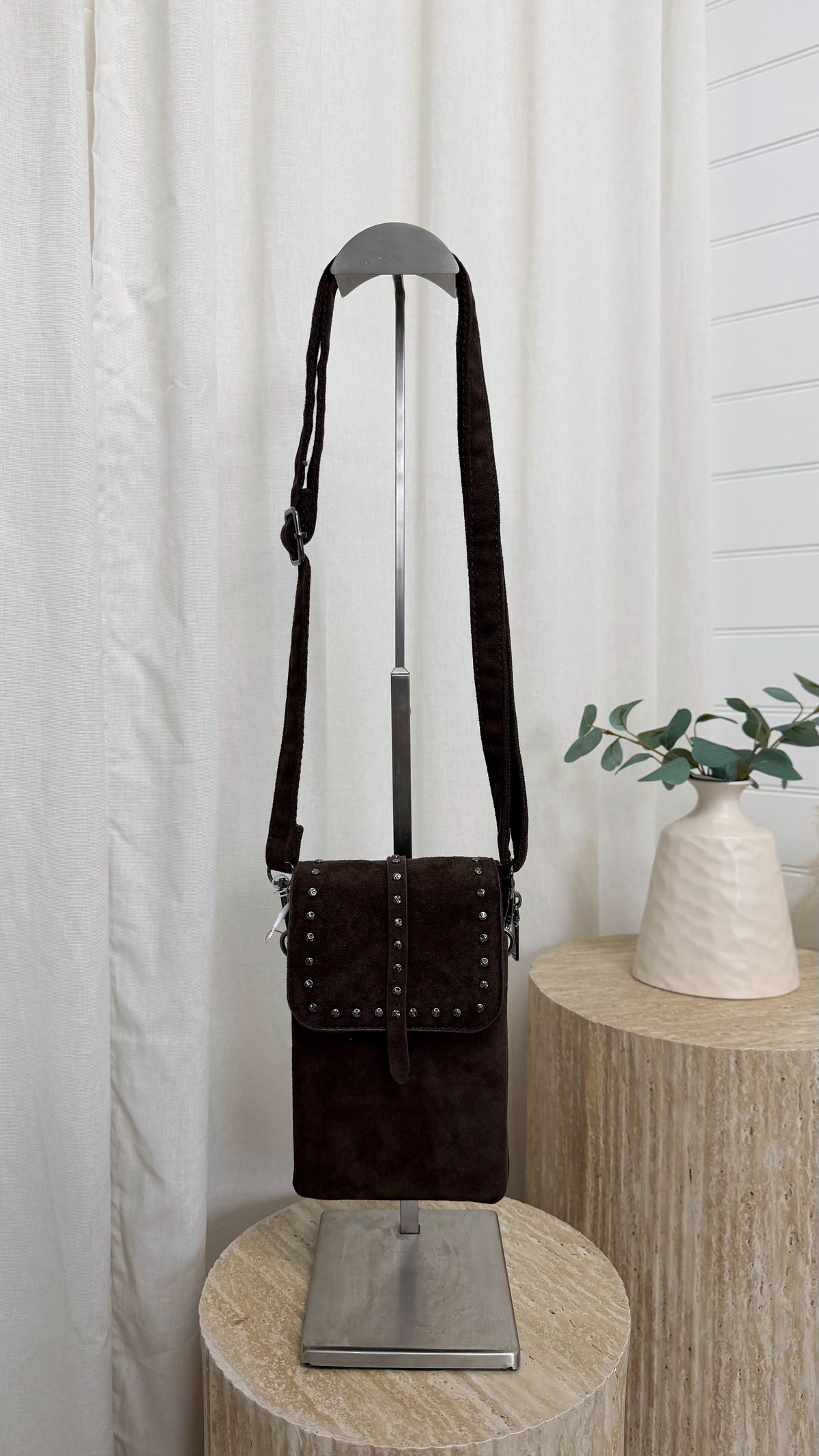 Suede Studded Mini Cross Body Bag - BROWN