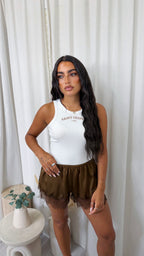 Lace Hem Satin Shorts - BROWN
