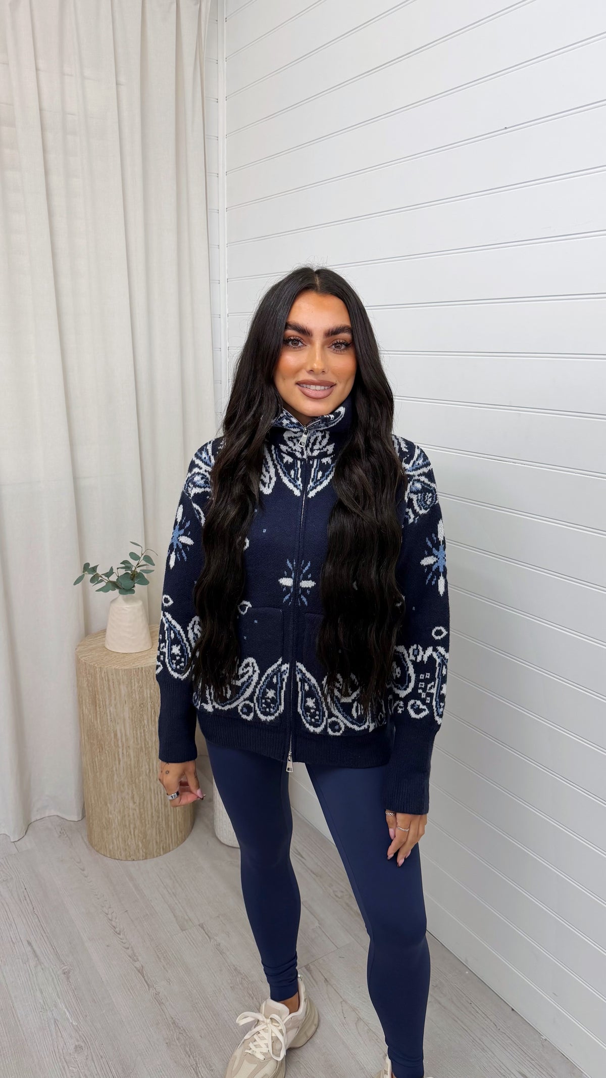 High Neck Paisley Knitted Jacket - NAVY
