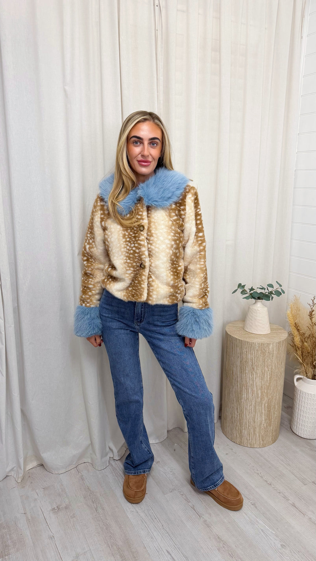 Fluffy Cuffed Faux Fur Deer Jacket - BABY BLUE