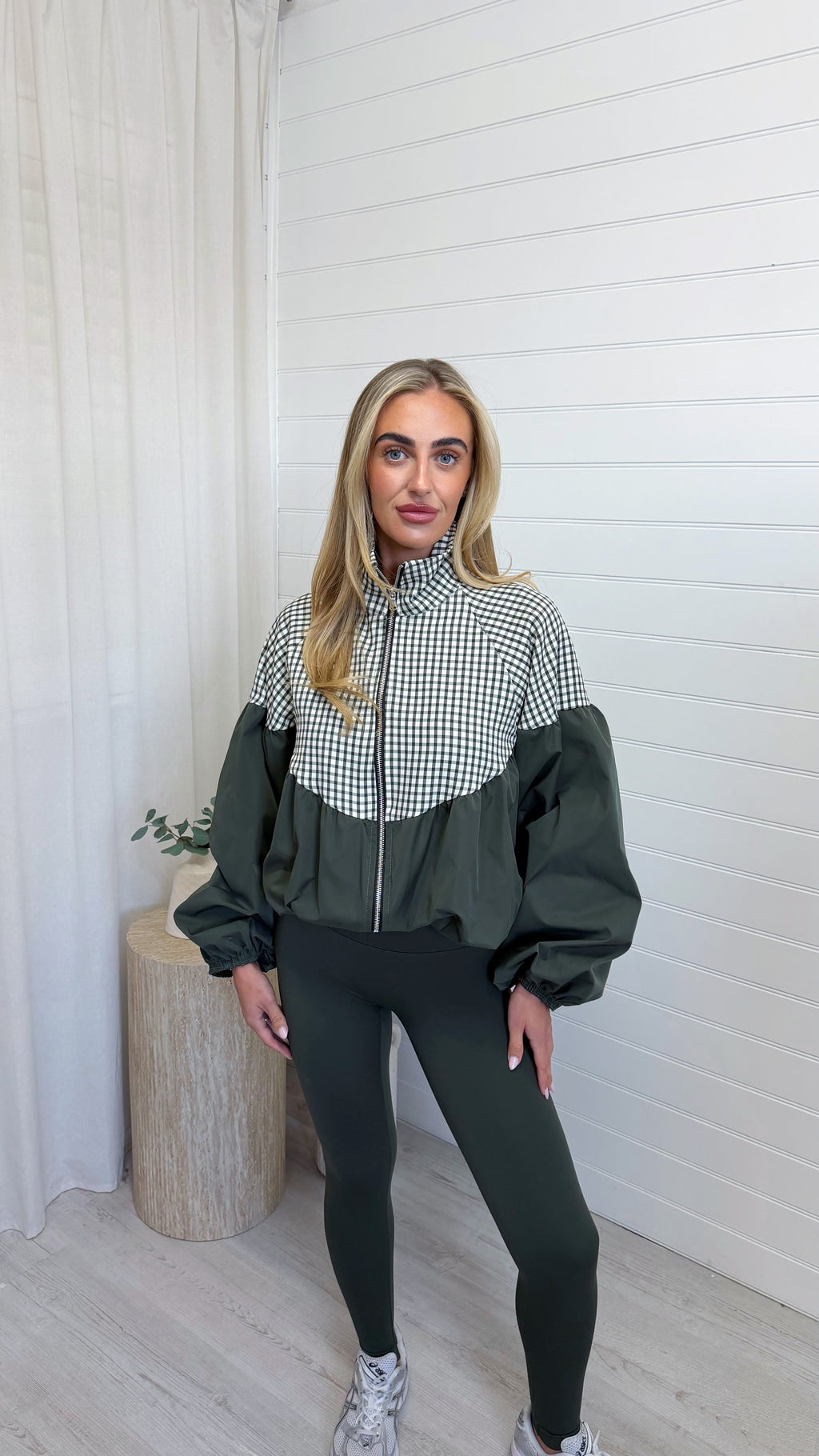Gingham Puff Ball Jacket - KHAKI