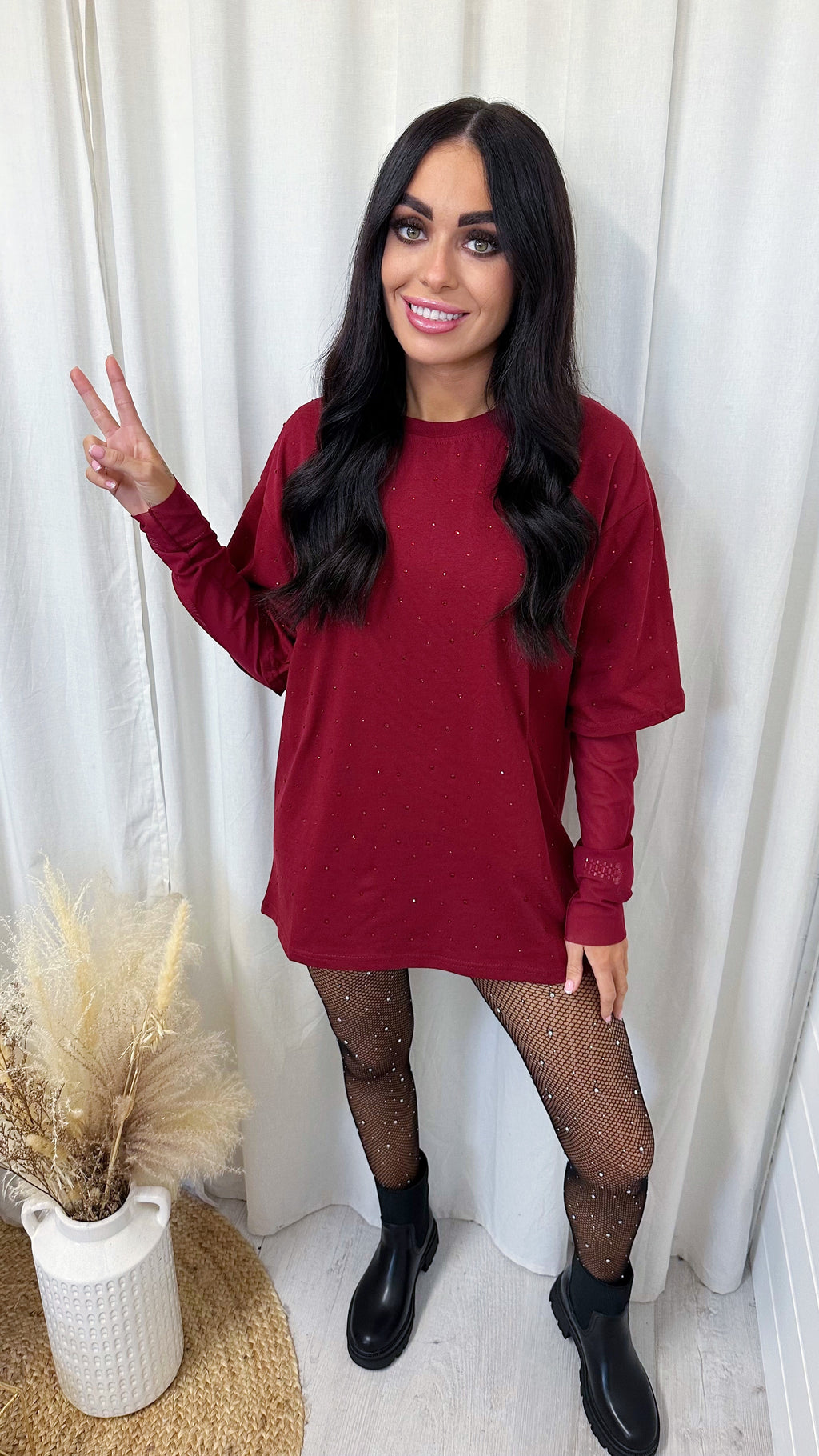 Mesh Sleeve Rhinestone Oversized T-Shirt - CHERRY RED