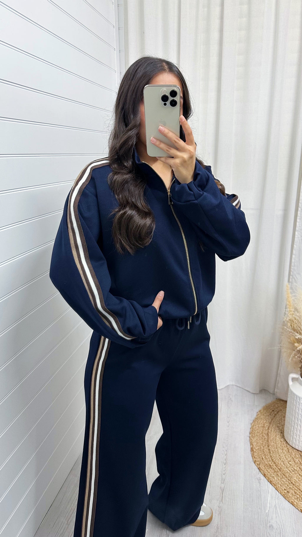 Side Stripe Bomber Jacket and Wide Leg Joggers Co-Ord - NAVY