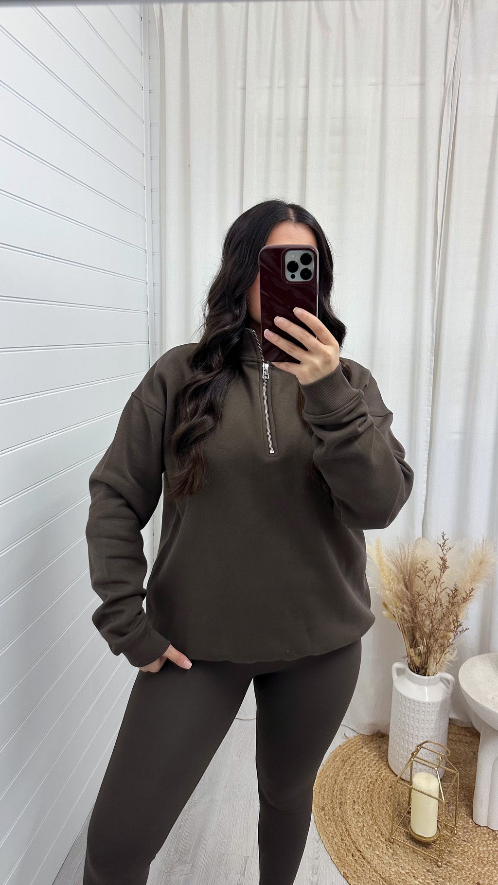 Plain Fleece Lined Half Zip Sweatshirt - BROWN