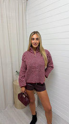 Double Zip Knitted Stripe Jacket - PINK/BURGUNDY